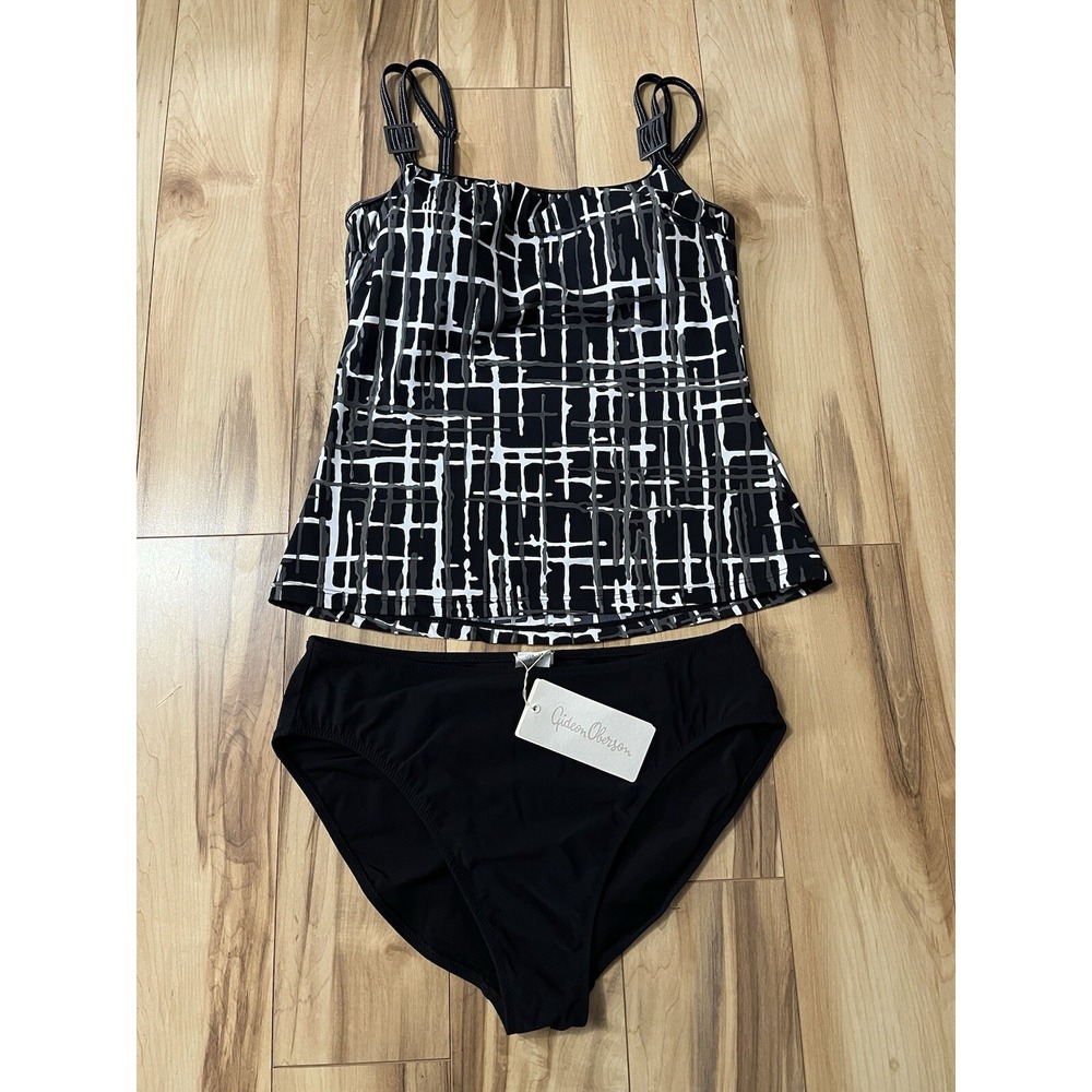 Gideon Oberson Women's Sz 14 Designer Tankini Swimsuit Black White Graphic Print